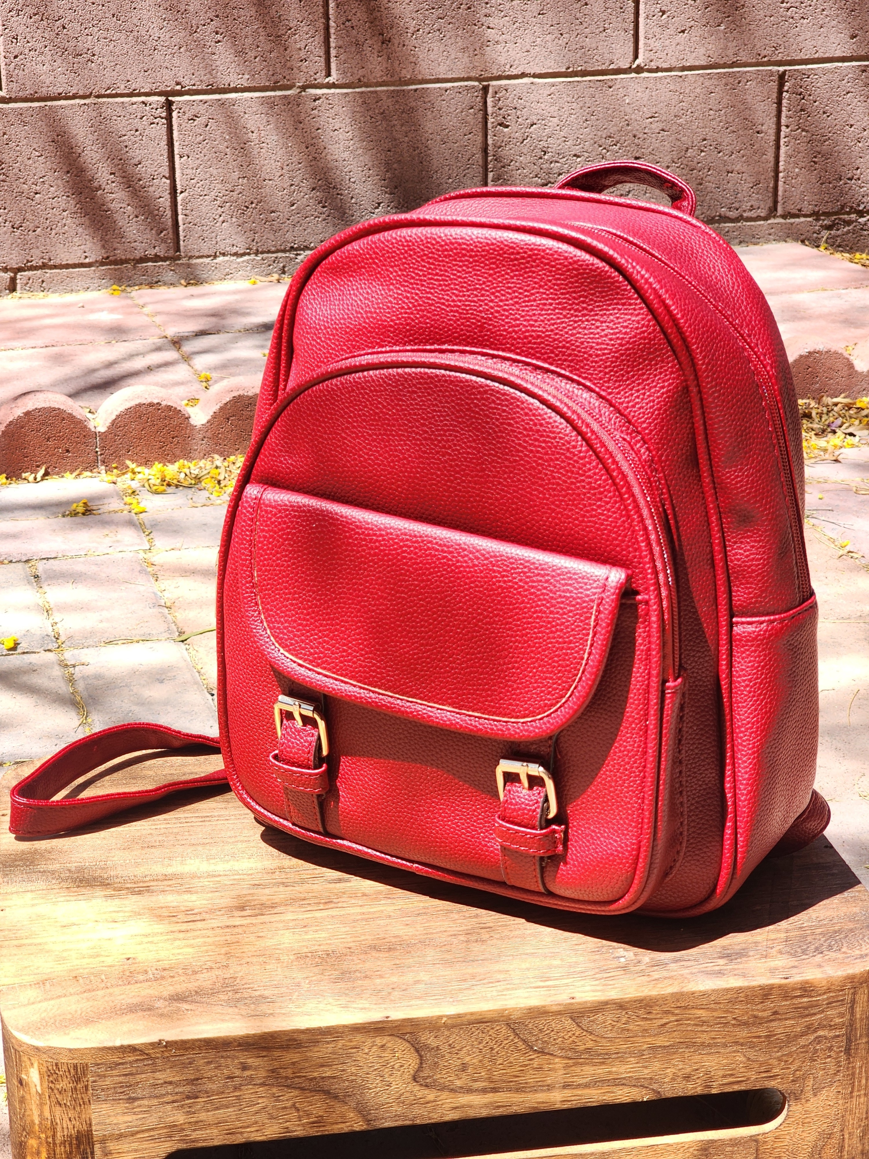 Ar New York Women's Red Vegan Pebbled Leather Backpack With Front Pocket